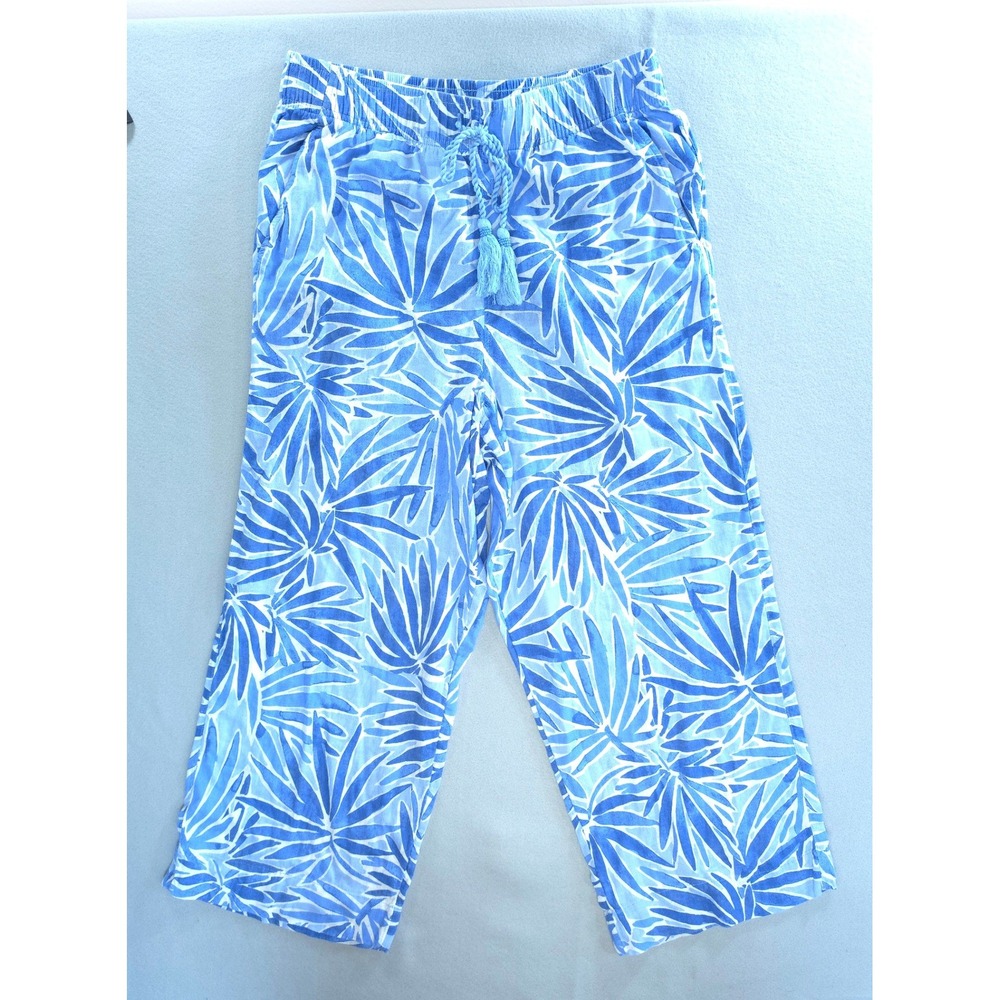 Sigrid Olsen Coastal Grandmother Linen Palm Print Crop Pants L Nautical Blue